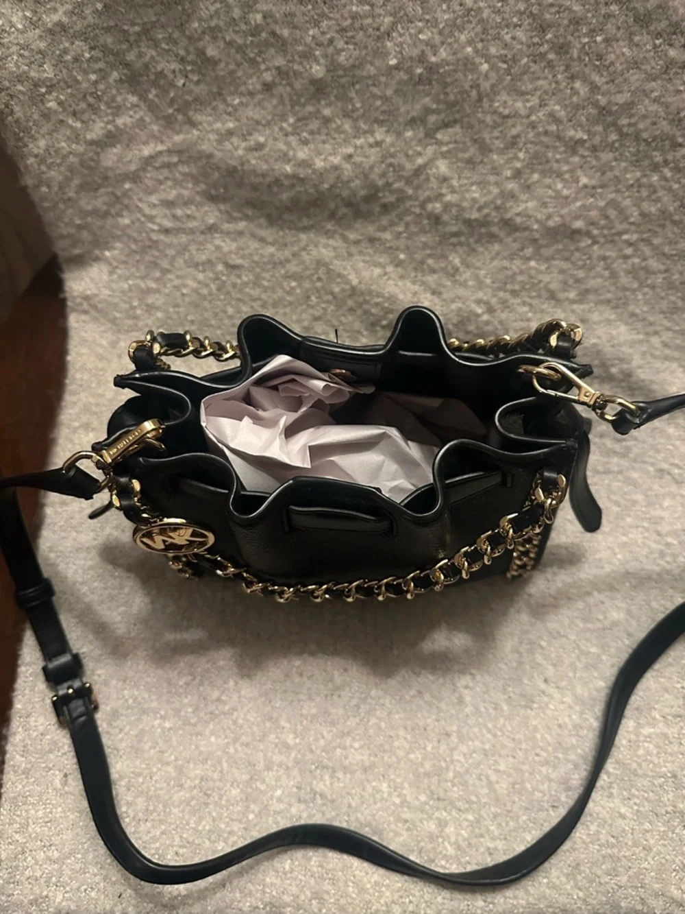 Michael Kors Black Leather Mini Shoulder Bag with Gold Chain Trim